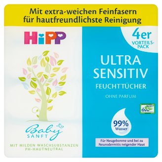 HiPP Babysanft Chusteczki pielęgnacyjne Ultra-Sensitive od 1. dnia życia 4 x 52 sztuki