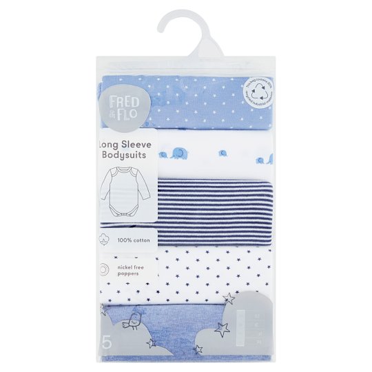 image 1 of F&F Fred & Flo Basic Blue Long Sleeve Bodysuits, 5 pcs in a Pack, 9-12 Months, Blue
