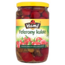 Hamé Sterilizované feferóny guľaté v sladkokyslom náleve s cukrom a sladidlami 620 g