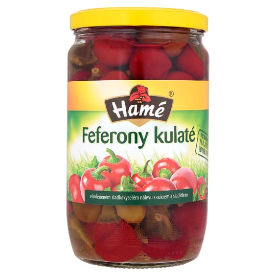 Hamé Sterilizované feferóny guľaté v sladkokyslom náleve s cukrom a sladidlami 620 g