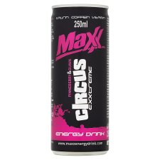 Maxx Exxtreme Circus sýtený energetický nápoj s príchuťou bielych jahôd a guavy 250 ml