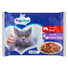 PreVital Complete Food for Adult Cats with Beef, Rabbit and Turkey in Jelly 4 x 100 g