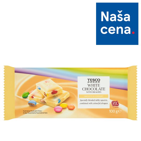 Tesco Biela čokoláda s čokoládovými dražé 100 g