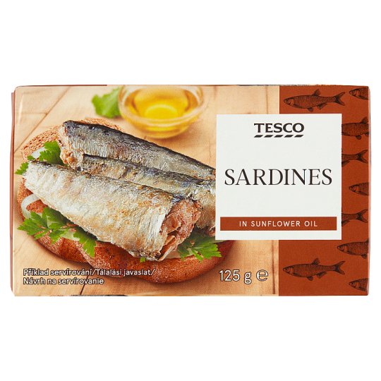 Tesco Konzervované sardinky bez hlavy, s kožou v slnečnicovom oleji 125 g