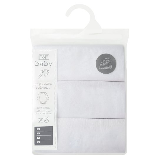 F&F Baby Body s dlhým rukávom 3 kusy v balení, 9-12 mesiacov, Biela