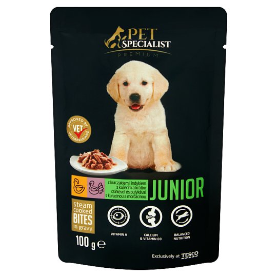 Tesco Pet Specialist Premium Junior kúsky s kuracinou a morčacinou 100 g