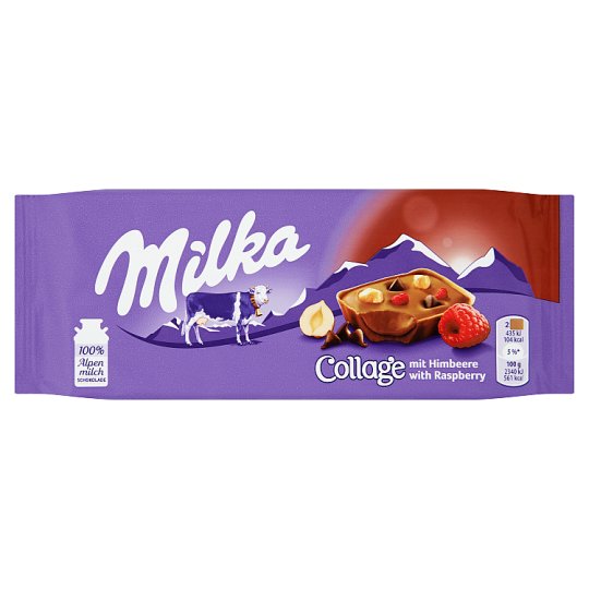 Milka Collage s kakaovou náplňou, s mliečnou čokoládou a malinami 93 g