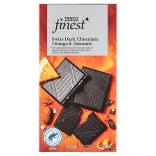 Tesco Finest Horká čokoláda s kúskami s pomarančovou príchuťou a nasekanými mandľami 100 g
