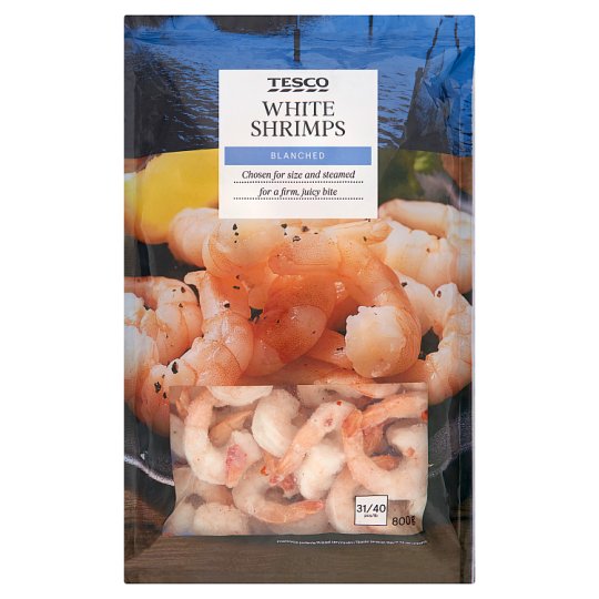 Tesco Biele krevety lúpané, glazúrované, blanšírované, s chvostom 31/40 ks 800 g