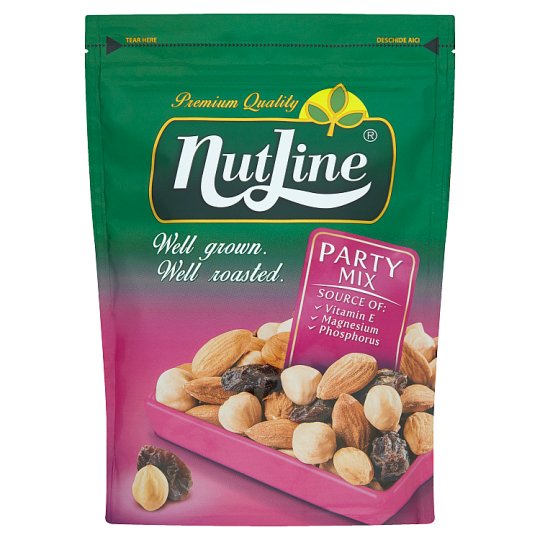 Nutline Party Mix zmes na sucho pražených a solených orechov a hrozienok 150 g