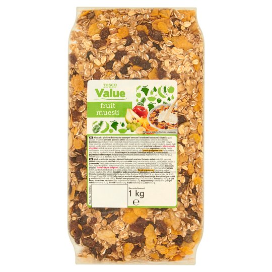 Tesco Value Fruit muesli müsli so sušeným ovocím a kúskami lieskových orechov 1 kg
