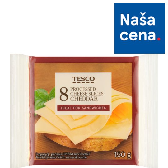 Tesco Tavený syr plátkový so syrom Cheddar 8 x 18,75 g (150 g)