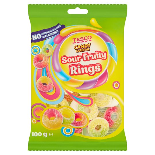 Tesco Candy Carnival Sour Fruity Rings želé cukríky s ovocnými príchuťami 100 g