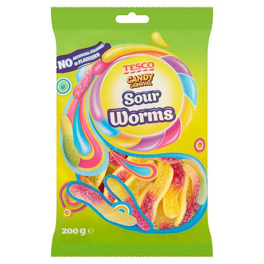 Tesco Candy Carnival Sour Worms kyslé želé cukríky s ovocnými príchuťami 200 g