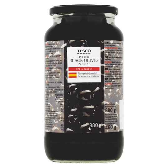Tesco Čierne vykôstkované olivy v slanom náleve 880 g