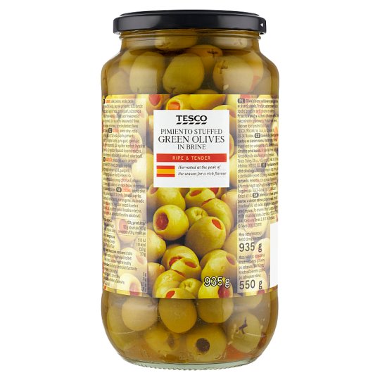 Tesco Zelené olivy plnené paprikovou pastou v slanom náleve 935 g