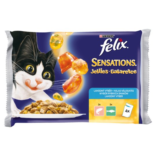 FELIX Sensations Jellies s lososom ochutenom krevetami + s tmavou treskou s rajčinami 4 x 100 g