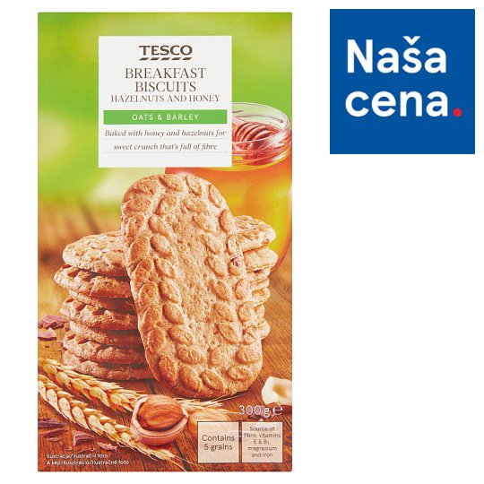 Tesco Cereálne sušienky s kúskami mliečnej čokolády, lieskovými orieškami a medom 6 x 50 g