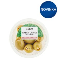 Tesco Marinované vykôstkované zelené olivy plnené mandľami 90 g