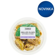 Tesco Grilované marinované vykôstkované zelené olivy s cesnakom a bylinami 90 g