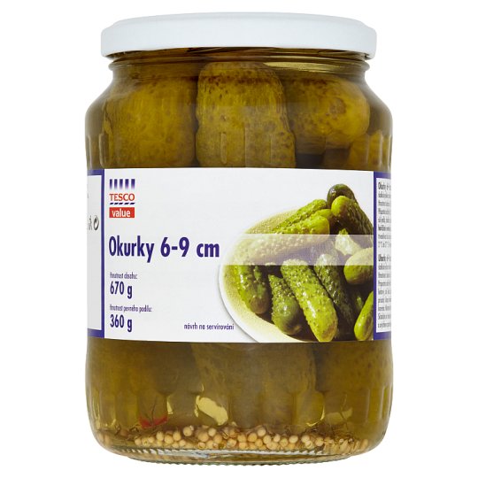 Tesco Value Uhorky v korenenom sladkokyslom náleve so sladidlom 6-9 cm 670 g