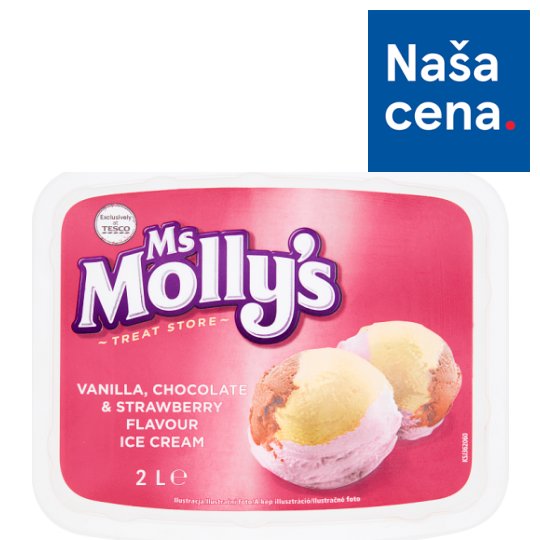 Tesco Ms Molly's Mrazený krém s vanilkovou, čokoládovou a jahodovou príchuťou 2 l
