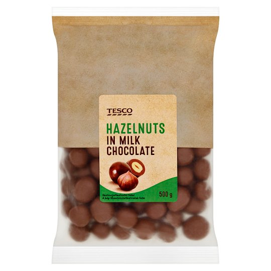 Tesco Lieskové orechy jadrá pražené v mliečnej čokoláde 500 g