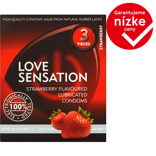 Love Sensation Hladké lubrikované prezervatívy s jahodovou vôňou 3 ks