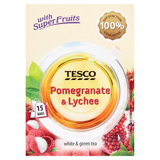 Tesco Aromatizovaný biely a zelený čaj s príchuťou granátového jablka a liči porciovaný 15 x 1,5 g