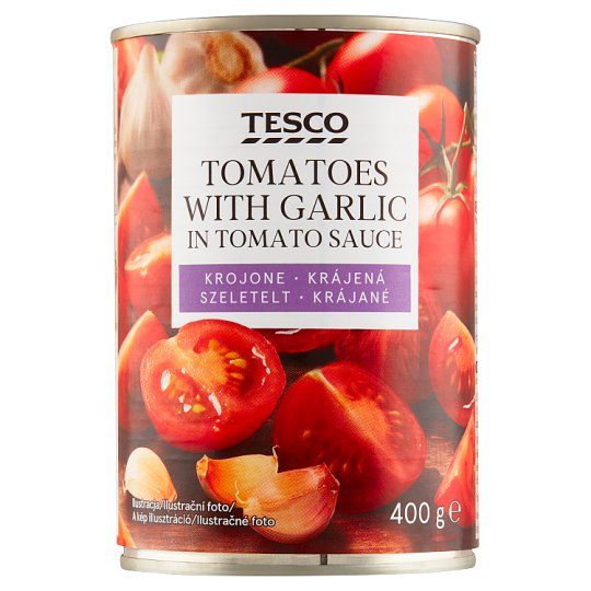 Tesco Krájané paradajky s olivovým olejom a cesnakom v paradajkovej šťave 400 g
