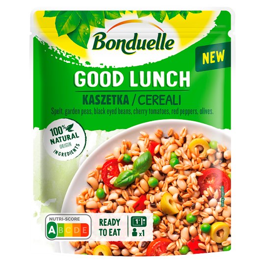 Bonduelle Good Lunch sterilizovaná zmes špaldy, hrášku, fazúľ, paradajok, papriky a olív 250 g