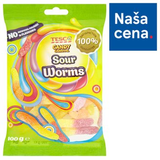 Tesco Candy Carnival Sour worms želé cukríky s ovocnou príchuťou s kyslým cukrovým poťahom 100 g