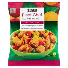 Tesco Plant Chef Bezmäsité guličky s cestovinami, zeleninou a korenistou paradajkovou omáčkou 450 g