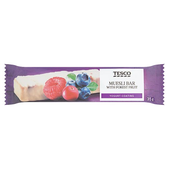Tesco Muesli tyčinka s ovocnými kúskami s príchuťou lesného ovocia v jogurtovej poleve 35 g