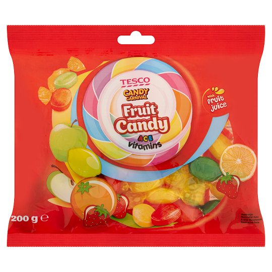 Tesco Candy Carnival Ovocné cukríky s vitamínmi A C E s náplňou 200 g