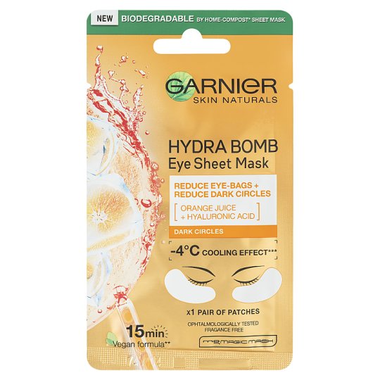 Garnier Skin Naturals povzbudzujúca očná maska obohatená o šťavu z pomaranča a kyselinu hyalurónovú,