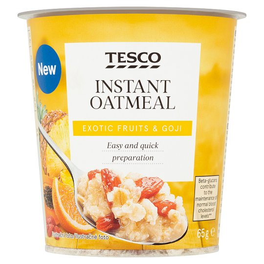 Tesco Ovsené vločky s kúskami kandizovaného a mrazom sušeného tropického ovocia 65 g