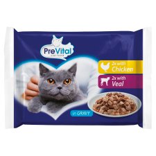 PreVital Complete Food for Adult Cats with Chicken, Veal in Gravy 4 x 100 g