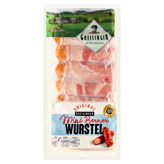Greisinger Berner Würstel mini bravčové párky so syrom obalené v plátkoch slaniny 0,250 kg