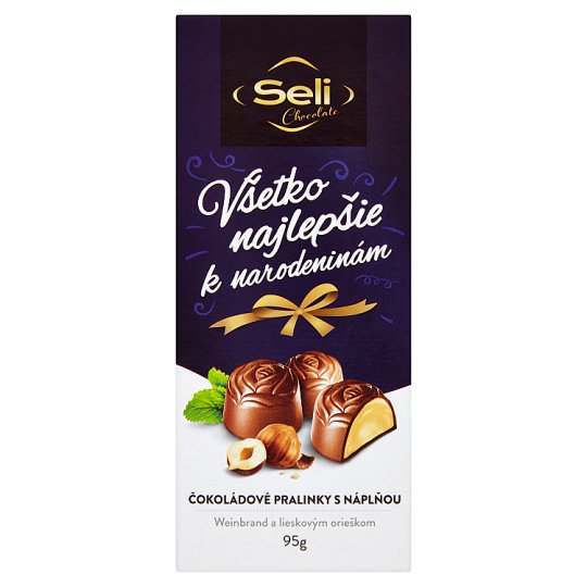 Seli Všetko najlepšie k narodeninám čokoládové pralinky s náplňou Weinbrand a lieskovým orieškom 95