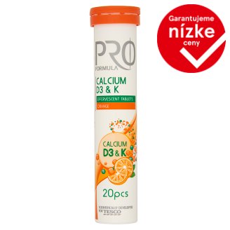 Tesco Pro Formula Šumivé tablety s vápnikom, vitamínom D a K s príchuťou pomaranča 20 tabliet 80 g